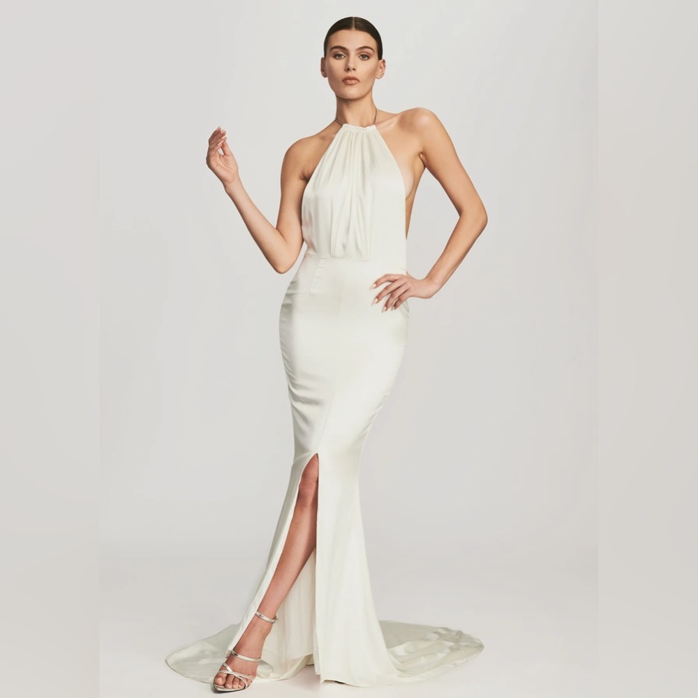 Retrofete White Halter Maxi Dress with Front Slit